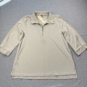 Vivilli Women's XL Cream Tan Short Sleeve Top Blouse Shirt Polyester Spandex NWT